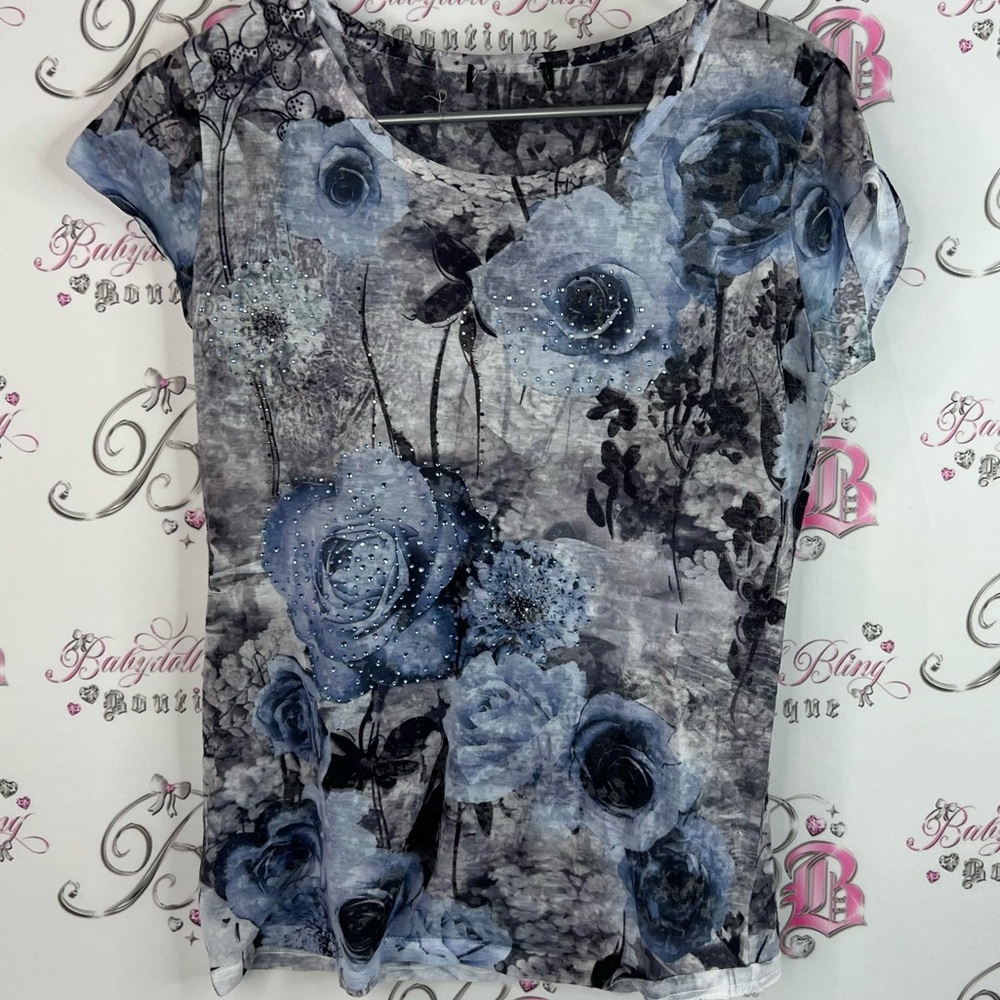 Tshirt bling rhinestones roses blue black white Floral Print Women's Top